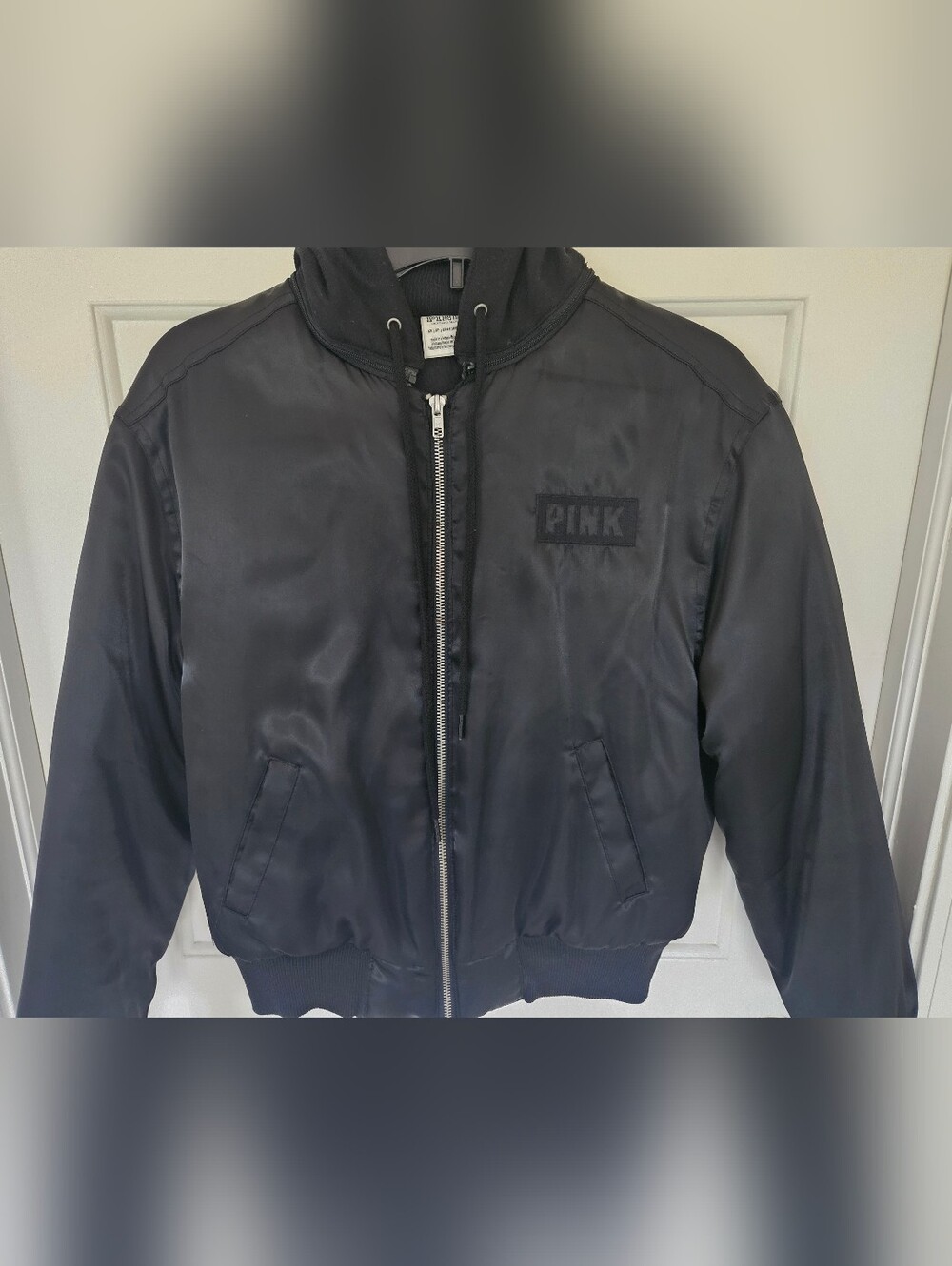 PINK Victoria's Secret Black Satin Hooded Bomber Jacket